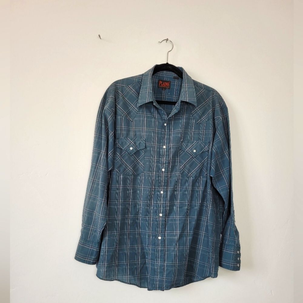 Plains Western Wear Pearl Snap Shirt Button Up Rodeo Cowboy Country Green XL